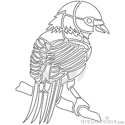 Zamba bird sits on a branch contour of anti-stress coloring drawn by various lines in a flat style. Suitable for tattoo, logo Stock Photo