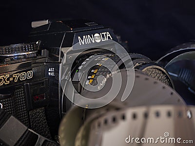 ZAMORA - SPAIN - APRIL 03, 2020: Minolta X700 film camera front detail Editorial Stock Photo