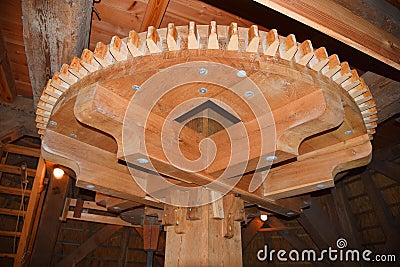 Zand, Netherlands. May 2023. The gearbox of an original Dutch mill. Editorial Stock Photo