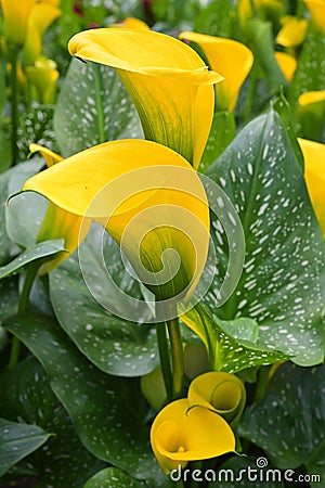 Yellow inflorescences of Zantedeschia elliottiana, golden arum or calla lily, plants in flower Stock Photo