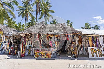 Front view of African shop clothes and souvenirs for tourists on the beach in Zanzibar island, Tanzania, east Africa Editorial Stock Photo