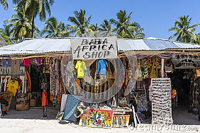 Front view of African shop clothes and souvenirs for tourists on the beach in Zanzibar island, Tanzania, east Africa Editorial Stock Photo