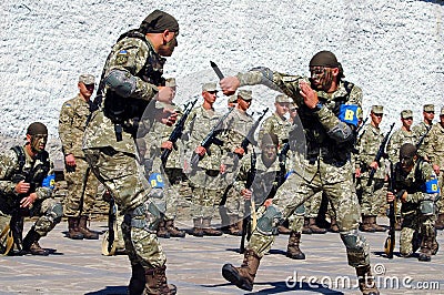 ZAPORIZHIA, UKRAINE - June 3, 2017: Combat reception of Ukraine special forces soldiers on Khortytsya island Editorial Stock Photo