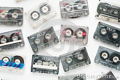 Zaporizhzhya, Ukraine - December 2, 2020: Old vintage cassette collection set background Editorial Stock Photo