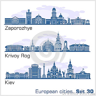 Zaporozhye, Krivoy Rog, Kiev City skyline set. Ukraine. Vector silhouette on white. Vector Illustration