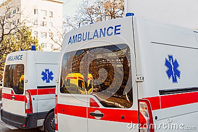 Modern ambulance. Rear view of a paramedic car. Editorial Stock Photo