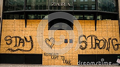 Zara storefront with message during protests Editorial Stock Photo