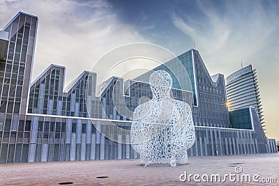 Zaragoza, The modern statue and The Water tower Editorial Stock Photo