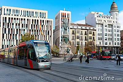 Zaragoza, Spain/Europe; 12/1/2019: Spain Square with a tram in the downtown of Zaragoza, Spain Editorial Stock Photo