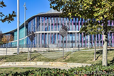Zaragoza, Spain - Aquarium and Spanish Pavilion architecture buildings at the Zaragoza Expo site Editorial Stock Photo