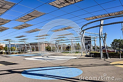 Zaragoza, Spain - Aquarium and Spanish Pavilion architecture buildings at the Zaragoza Expo site Editorial Stock Photo