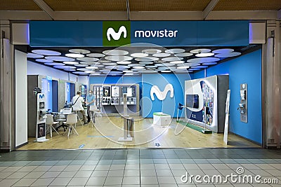 Movistar small store in Alcampo supermarket, Zaragoza Editorial Stock Photo