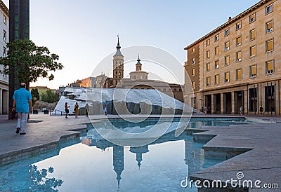 ZARAGOZA, SPAIN - SEPTEMBER 27, 2017: View of the fountain near the church of Iglesia de San Juan de los Panetes. Copy space for t Editorial Stock Photo