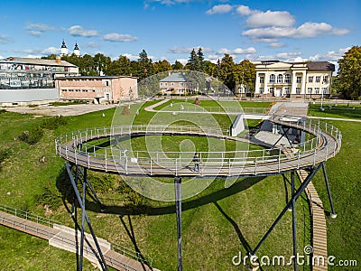 ZARASAI, LITHUANIA - SEPTEMBER 2019: Aerial view of Zarasai lake observation bridgeand and watershore of Zarasas lake, unique Editorial Stock Photo