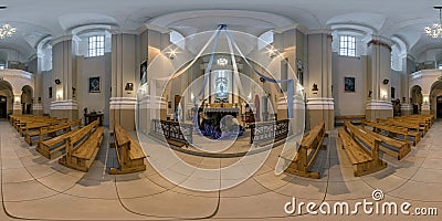 ZASLAVL, BELARUS - SEPTEMBER 2021: 360 seamless hdri panorama view inside interior baroque catholic church of saint trinity in Editorial Stock Photo