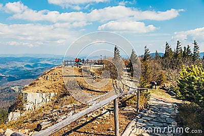 Hikers travel in the Babia Gora Mountain with a backpack Editorial Stock Photo