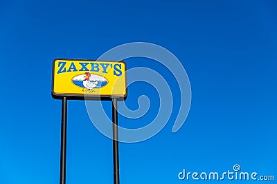 Zaxby`s restaurant sign, a fast food chain that serves fried chicken and a variety of other food items Editorial Stock Photo