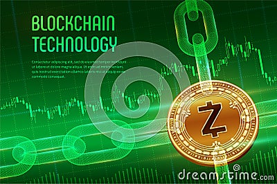 Zcash. Crypto currency. Block chain. 3D isometric Physical golden Zcash coin with wireframe chain on blue financial background. Cartoon Illustration