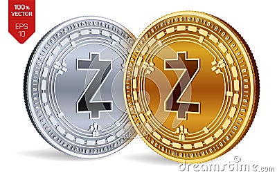 Zcash. Crypto currency. 3D isometric Physical coins. Digital currency. Golden and silver coins with Zcash symbol Vector Illustration