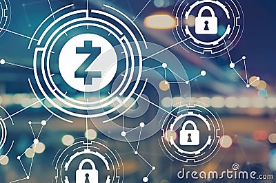 Zcash cryptocurrency security theme with blurred city lights Stock Photo