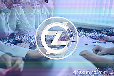 ZClassic, ZCL cryptocurrency sign. The concept of business, cryptocurrency and finance - a team of businessmen are sitting in an Stock Photo