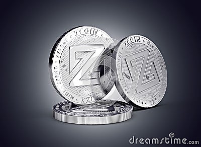 Zcoin cryptocurrency physical coin concept on gently lit dark background. Stock Photo