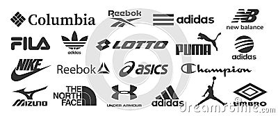 Zdolbuniv, Ukraine - May 5, 2023: Sportwear popular brands. Sport wear logo icon set. Nike Adidas Puma Jordan Editorial Stock Photo