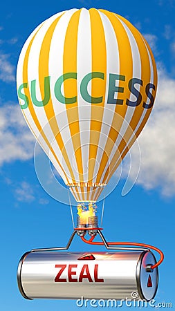 Zeal and success - shown as word Zeal on a fuel tank and a balloon, to symbolize that Zeal contribute to success in business and Cartoon Illustration