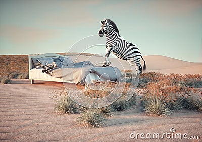Zebra on a bed in the desert. Aspirations and dreamy concept Cartoon Illustration