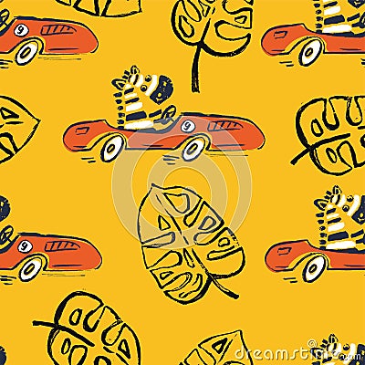 Zebra car race funny cool summer t-shirt seamless pattern. Road trip vacation print design. Beach sports Vector Illustration