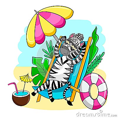 Zebra in cartoon style on the beach, summer postcard vector Vector Illustration