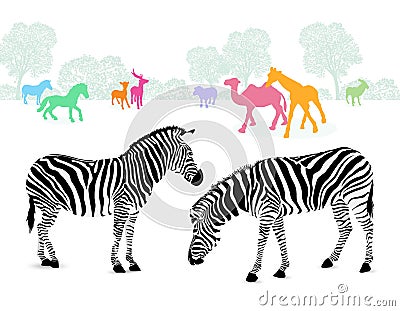 Zebra couple with colorful silhouette animals. Vector Illustration