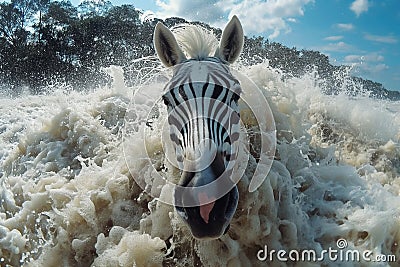 Zebra gracefully glides on water amidst glistening foam, AI-generated. Stock Photo