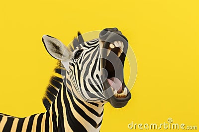 Zebra head close up. Yawning zebra with a funny face isolated on color background. Stock Photo