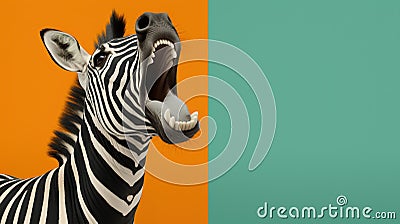 Zebra head close up. Yawning zebra with a funny face isolated on color background. Stock Photo