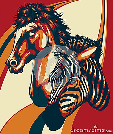 Zebra and horse heads profile vector illustration Vector Illustration