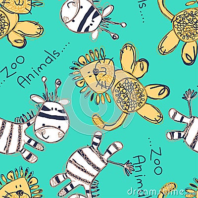 Zebra and lion seamless pattern with embroidery Vector Illustration