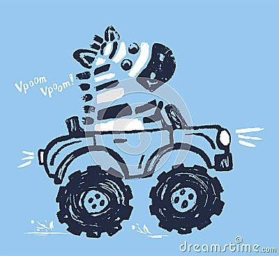 Zebra monster, truck funny cool summer t-shirt print design. Racing car. Speed sport buggy Vector Illustration