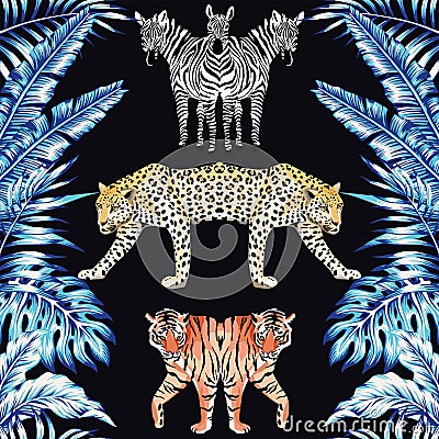 Zebra panther tiger mirror blue leaves black background pattern Vector Illustration