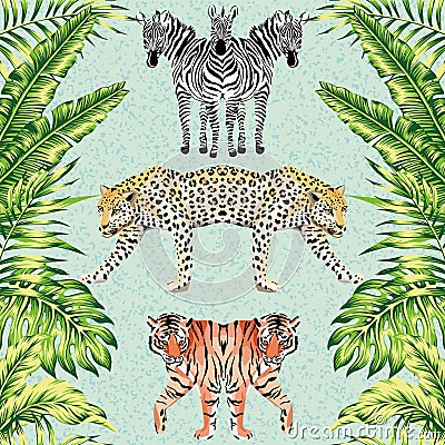 Zebra panther tiger mirror green leaves blue background pattern Vector Illustration