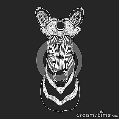 Zebra portrait. Pirate cocked hat. Sailor. Head of wild animal. Vector Illustration