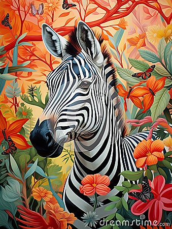 zebra's head adorned with colorful and vibrant flower patterns, fusing the allure of wildlife and nature. Stock Photo
