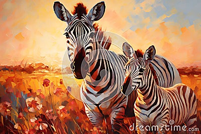 Zebra with a small foal in the savannah. Oil painting in the style of impressionism Stock Photo