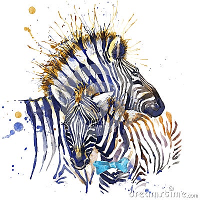 Zebra T-shirt graphics. zebra illustration with splash watercolor textured background. unusual illustration watercolor zebra Cartoon Illustration