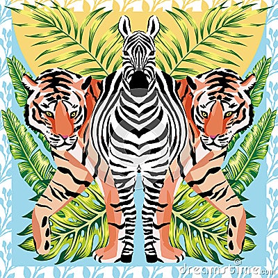 Zebra and tiger with tropical leaves, sun mirror style Vector Illustration