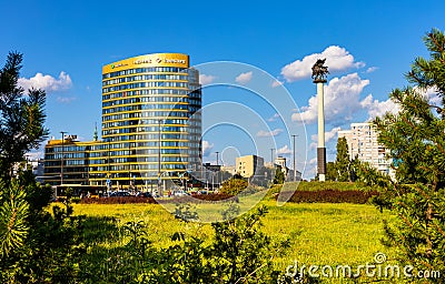 Zebra Tower office plaza with Jazdy Polskiej memorial at Rondo Jazdy Polskiej circle in Warsaw, Poland Editorial Stock Photo