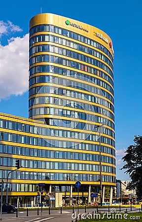 Zebra Tower office plaza of Union Investment at Rondo Jazdy Polskiej circle in Srodmiescie downtown district of Warsaw, Poland Editorial Stock Photo