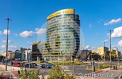 Zebra Tower office plaza of Union Investment at Rondo Jazdy Polskiej circle in Srodmiescie downtown district of Warsaw, Poland Editorial Stock Photo