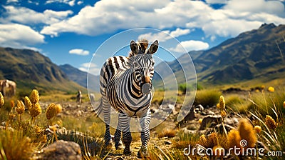 Zebra walking on grass field with mountain background , photo realistic, AI generated Stock Photo