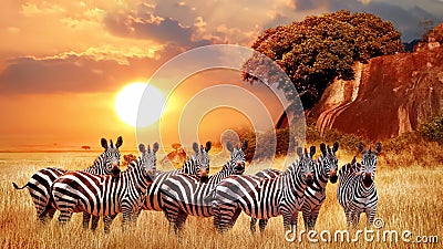 Zebras group in the African savanna against the beautiful sunset. Serengeti National Park. Tanzania. Stock Photo